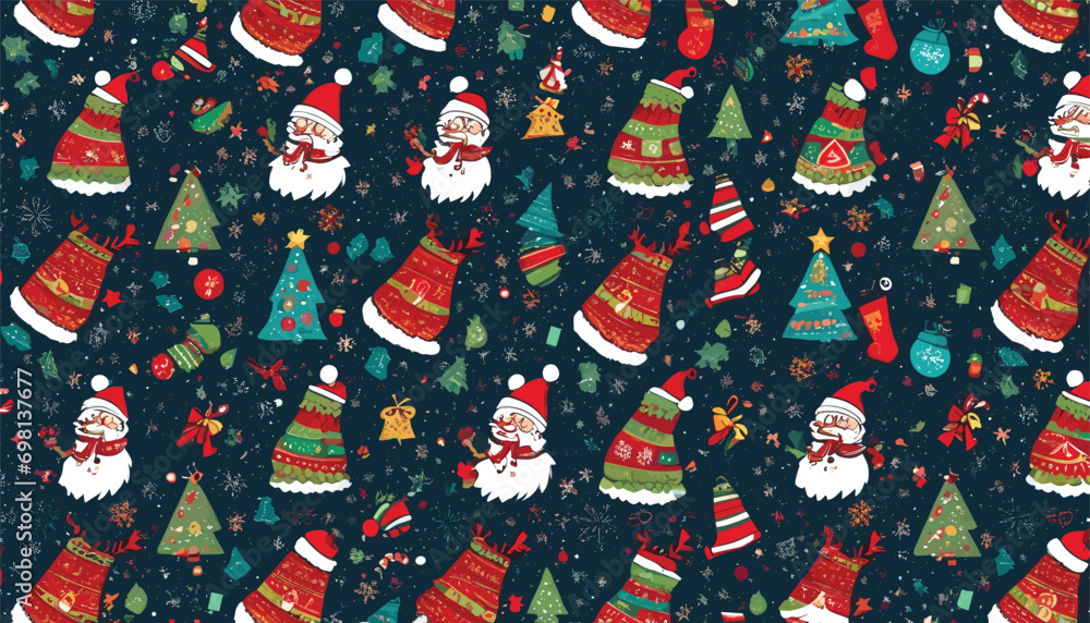 seamless pattern with red and white santa claus and christmas trees