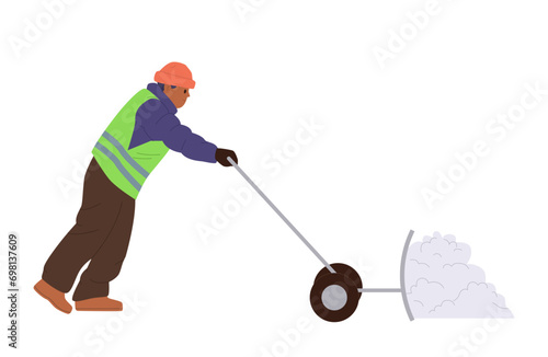 Man janitor cartoon character in uniform cleaning street with manual snow plow scraper tool