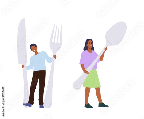 Happy smiling man and woman cartoon character holding huge spoon, fork and knife isolated on white