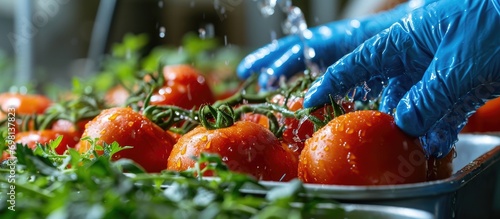 Disinfecting tomatoes with blue latex gloves to decontaminate from coronavirus, using water and lye for virus removal.