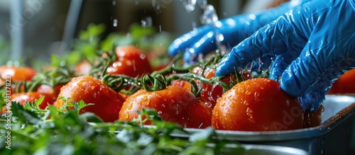 Disinfecting tomatoes with blue latex gloves to decontaminate from coronavirus, using water and lye for virus removal. photo