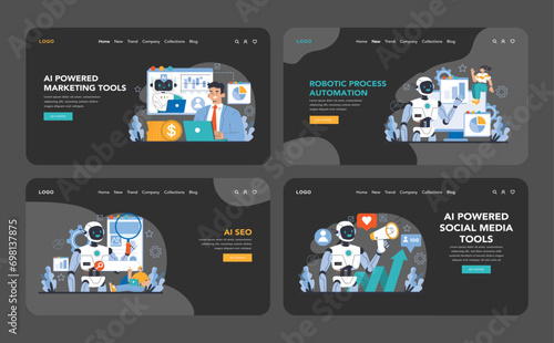 AI Tools night or dark mode web or landing page set. Integrates diverse AI technologies for marketing, social media, SEO, and process automation. Centralizes digital innovation. Vector illustration.