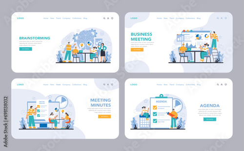 Business meeting web or landing page set. Team brainstorming, strategic session planning, minutes recording, and agenda setting. Flat vector illustration.