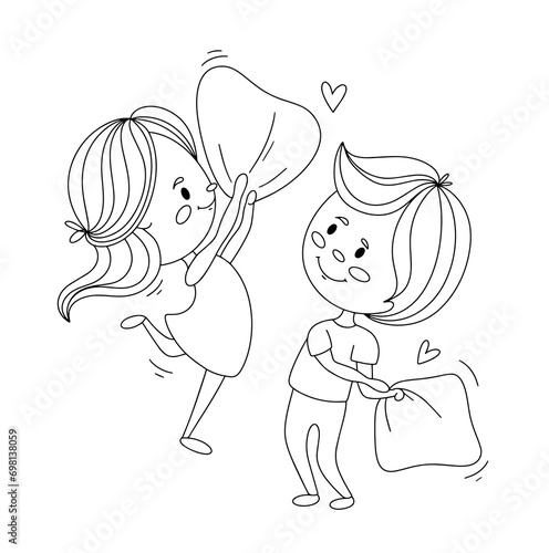  Lovers. Pillow fight. One line