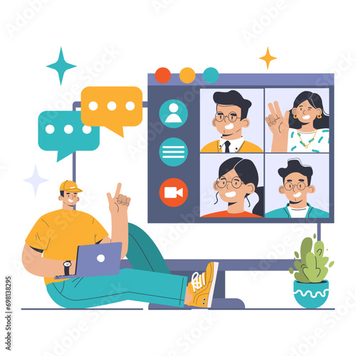 Video Conferencing concept. Relaxed man with laptop joins a virtual meeting, displaying diverse colleagues on screen. Seamless teamwork, remote collaboration, digital connection. vector illustration