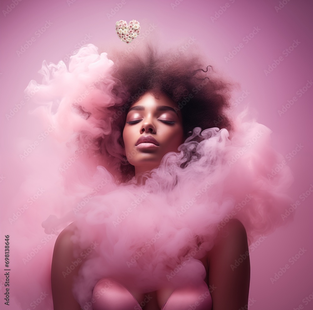 Portrait of beautiful afro american girl with closed eyes. Above her head floats a small heart symbol made of pink and white roses. Pink smoke envelops her shoulders. A symbol of love, renewal, spring