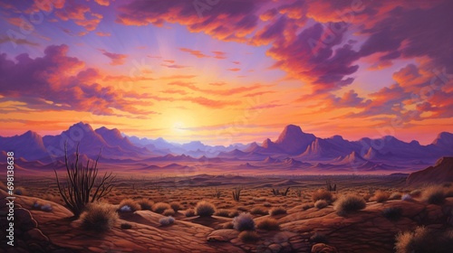A desert sunrise, painting the sky in hues of oranges and purples.