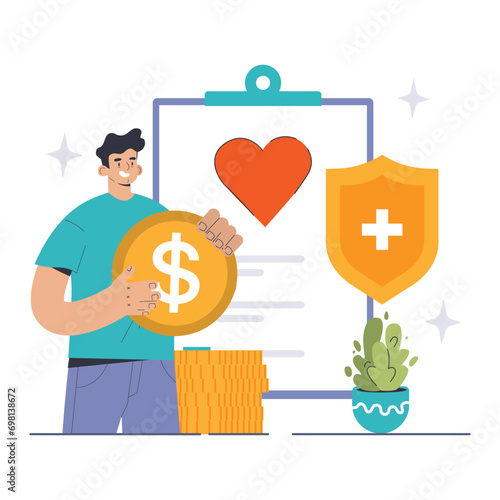 Premium healthcare concept. A smiling individual holds a giant coin, symbolizing healthcare investment, alongside a love heart and protection shield. Flat vector illustration