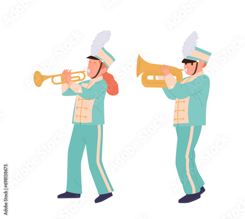 Talented children trumpeters cartoon characters artist of military music orchestra marching isolated