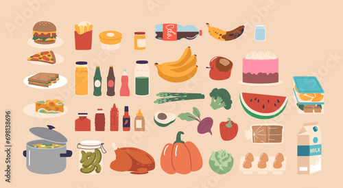 Set of Products and Foods Isolated Icons. Fresh and Spoiled Fruits, Vegetables and Burger. Pan with Soup, Eggs Tray