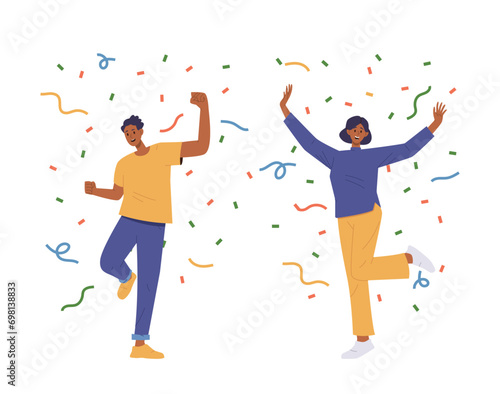 Fototapeta Naklejka Na Ścianę i Meble -  Happy partying man and woman cartoon characters jumping under confetti rain rejoicing celebrating