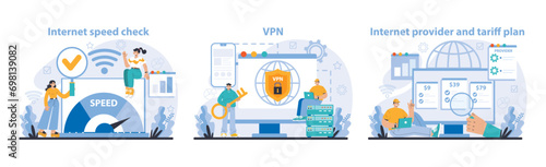 Wi-Fi network set. Specialist setting up, developing and maintaining wireless fidelity equipment. Secure connection configuration. Flat vector illustration