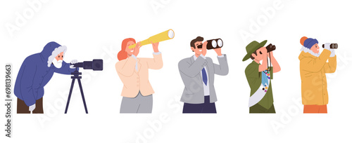 Curious man and woman cartoon characters using binoculars and telescope set isolated on white