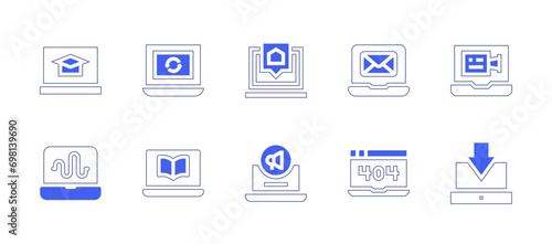 Laptop icon set. Duotone color. Vector illustration. Containing laptop, online learning, videocall, input, smarthome, digital marketing, mail, error.
