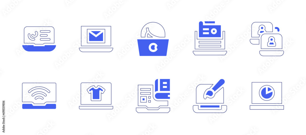 Laptop icon set. Duotone color. Vector illustration. Containing email, flash sale, laptop, networking, analytics, personal computer, online library, radio antenna.
