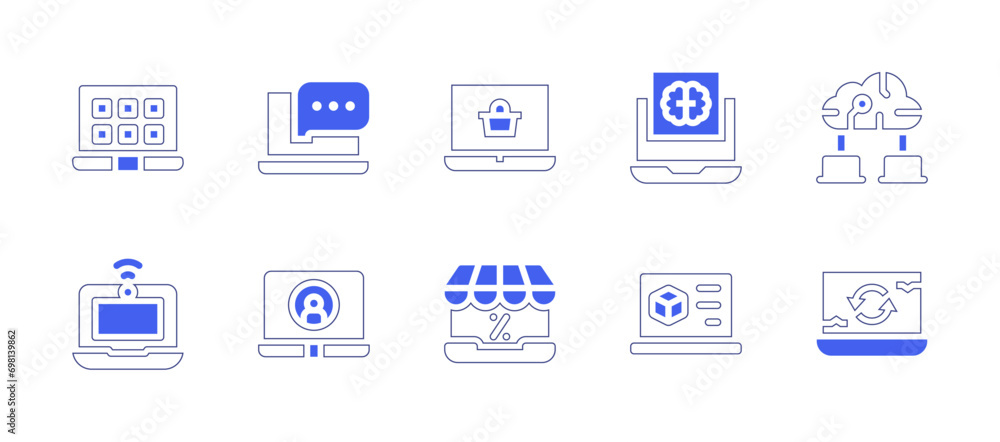 Laptop icon set. Duotone color. Vector illustration. Containing laptop, network, recycling, online shopping, advertisement.