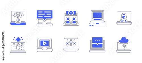 Laptop icon set. Duotone color. Vector illustration. Containing laptop, comment, virtual event, options, telemarketer, download, wifi, earnings, online learning, online video.