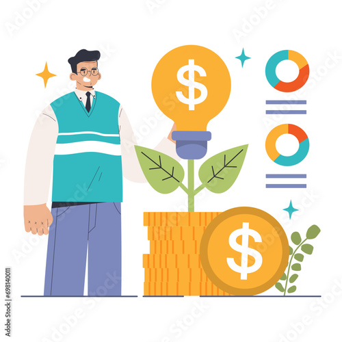 Smart Investing concept. Confident investor with coin stack and plant growing from a lightbulb symbolizing financial growth. Flat vector illustration