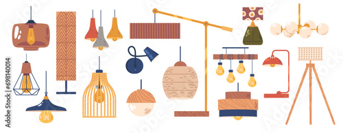 Hanging And Table Lamps With Stylish Bizarre Lampshades Isolated On White Background. Modern Chandeliers