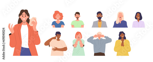 Happy and unhappy people cartoon characters set with smiling and crying man, woman isolated photo