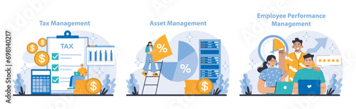 Operational processes and technologies set. Tax, Asset, and Employee Performance Management. Financial strategy, investment allocation, and workforce productivity. Flat vector illustration.