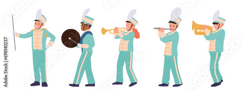 Parade of cute marching children music band cartoon characters playing different instrument