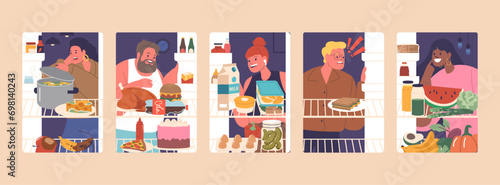 People Look Inside Of Fridge Set. Hungry Characters Check Food Groceries, Products And Nutrition, Vector Illustration