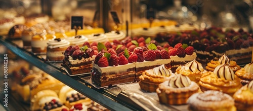 French pastries showcased at a confectionery store in France. photo