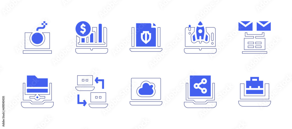 Laptop icon set. Duotone color. Vector illustration. Containing analytics, startup, pressure, cyber security, emails, data transfer, share, file transfer, cloud computing, job.