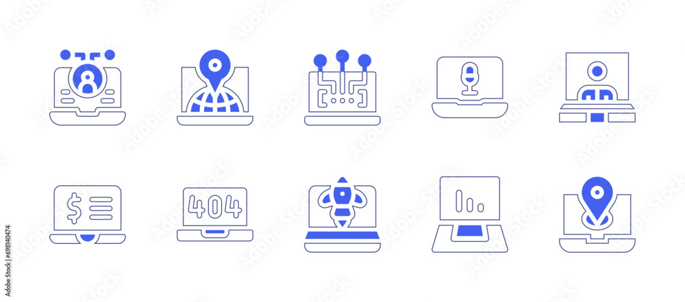 Laptop icon set. Duotone color. Vector illustration. Containing laptop, analytics, startup, videoconference, location, connection, donation, ceo, error.