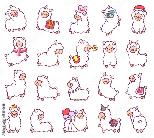 Beautiful alpaca cartoon character. Cute kawaii animal. Hand drawn style. Vector drawing. Collection of design elements.