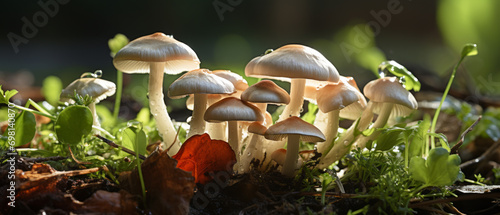 Oyster mushrooms in a woodland clearing. photo