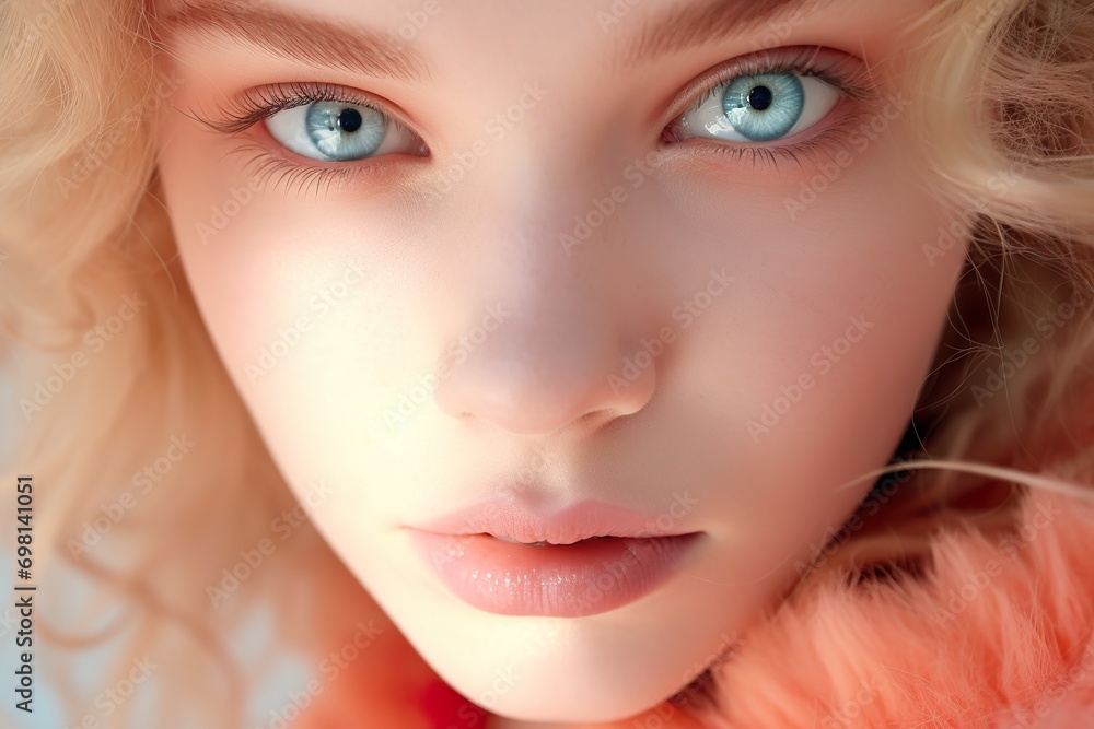 Beauty fashion photoshoot peach eyeshadow with blue eyes model studio lighting Beauty fashion photoshoot peach eyeshadow with blue eyes model studio lighting