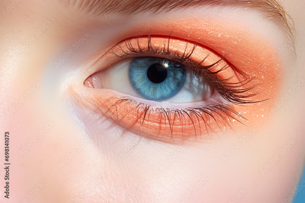 Fototapeta premium Beauty fashion photoshoot peach eyeshadow with blue eyes model studio lighting