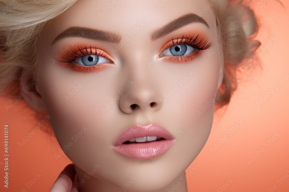 Beauty fashion photoshoot peach eyeshadow with blue eyes model studio lighting Beauty fashion photoshoot peach eyeshadow with blue eyes model studio lighting