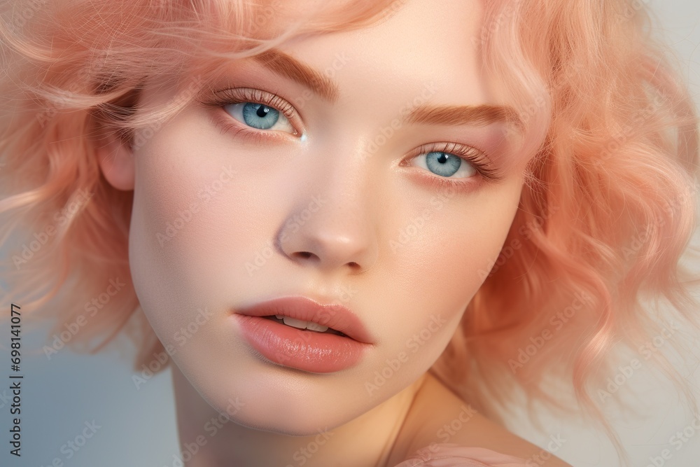 Beauty fashion photoshoot peach eyeshadow with blue eyes model studio lighting
