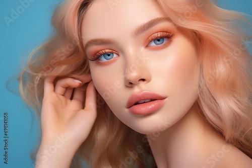 Beauty fashion photoshoot peach eyeshadow with blue eyes model studio lighting