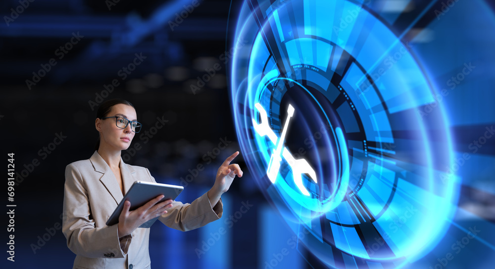 Technical support customer care. Woman using augmented reality virtual ...