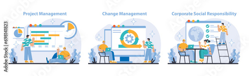 Strategy and management set. Project and change management strategies, corporate social responsibility integration. Aligning goals, adapting to trends, ethical business conduct. Vector illustration.
