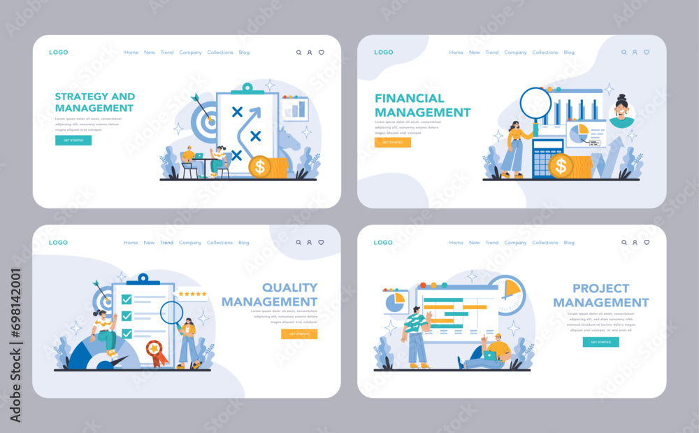 Strategy and management web or landing page set. Showcasing strategic, financial, quality, and project management in business. Integrating core operations for optimal performance. vector illustration.