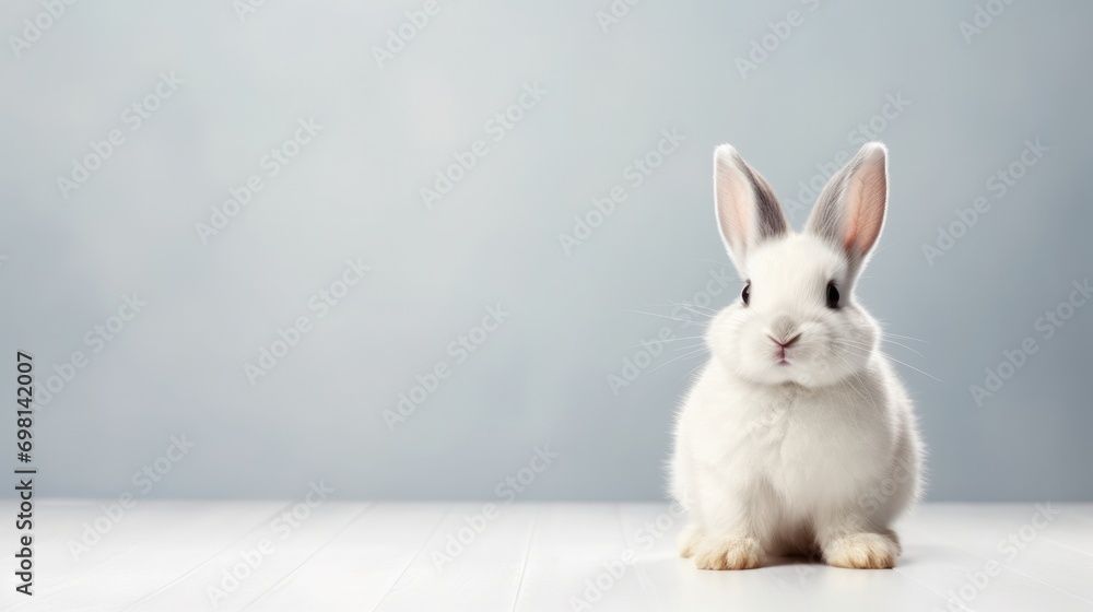 Fototapeta premium cute animal pet rabbit or bunny white color smiling and laughing isolated with copy space for easter background, rabbit, animal, pet, cute, fur, ear, mammal, background, celebration, generate by AI