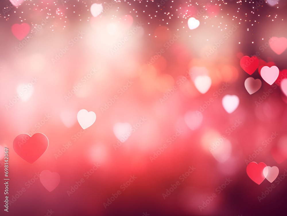Blurred background bokeh light, red Valentine hearts. Saint Valentine design. 