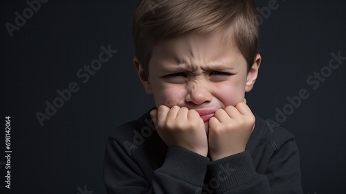 little boy presses hand to cheek, suffers from pain in tooth isolated on gray studio background. Teeth decay, dental problems, child emotions and facial expression photo