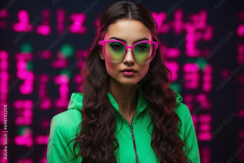 businesswoman, pink glasses, neon-lit server room, modern, futuristic and stylish person, digital immersion