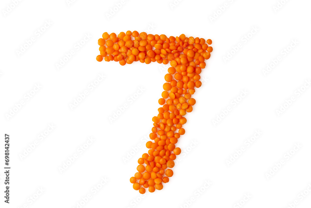 The digit '7' (seven) formed from red lentil grains against a clean white backdrop. Perfect for a food blog and menu