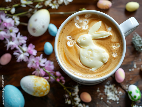 Top View of Coffee with easter bunny