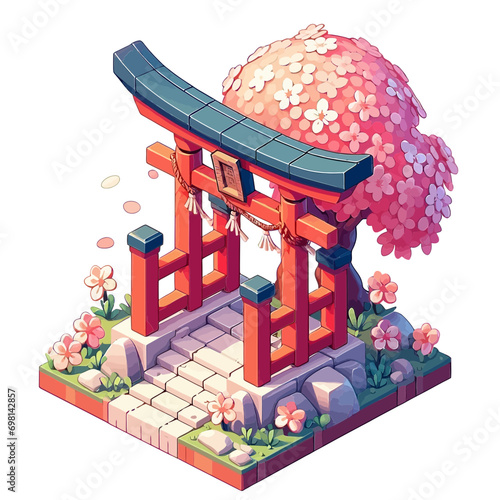 Torii Gate Japanese with Sakura Tree Isometric 3D Game Simple  Vectors White Background