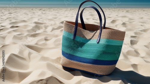 a woven beach bag with stripes in blue, teal, and white, placed on sandy shores with subtle shadow play.