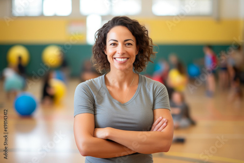 Vibrant PE Lesson: 35-Year-Old Instructor Engaging Class