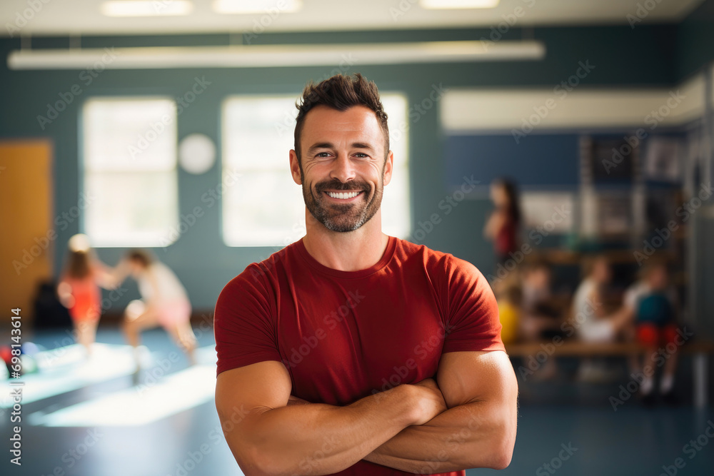 Joyful Male Instructor Teaching Fitness in School Joyful Male Instructor Teaching Fitness in School
